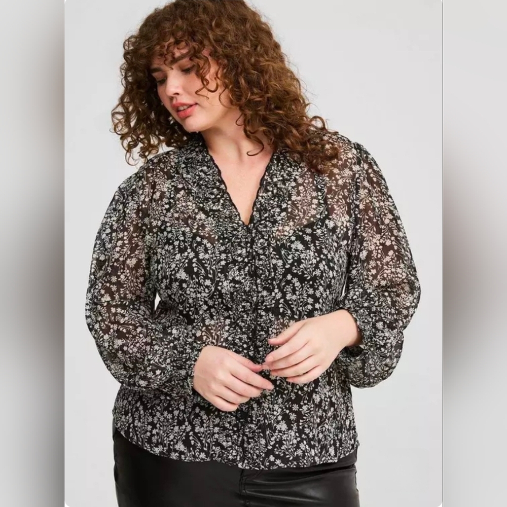 Torrid Chiffon Ruffle Trim Smocked Sheer Whimsigoth Metallic Blouse sz 1X